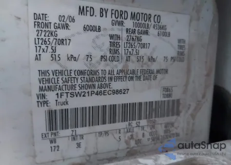 2006 Ford F-250 Lariat/Xl/Xlt from USA, damaged, VIN 1FTSW21P46EC98627